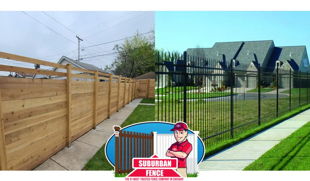 A horizontal wooden fence and aluminum fence installed in a back yard.