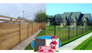 A horizontal wooden fence and aluminum fence installed in a back yard.