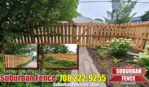 Wood fence panels in a backyard.