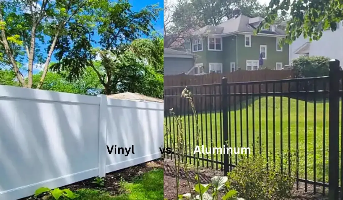 Comparison of Vinyl Fencing on the left and Aluminum Fencing on the right in residential settings