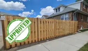 Approved wooden residential fence beside a brick home, compliant with current Chicago fence law standards.