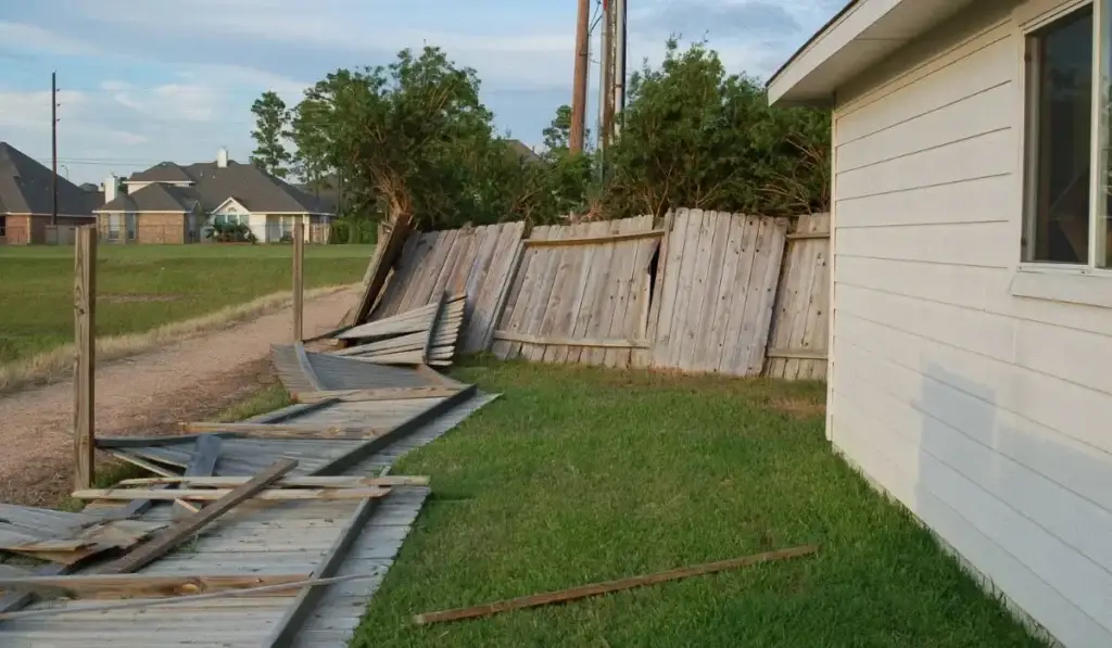 Broken and leaning backyard wooden fence in need of fence repair near a residential home.