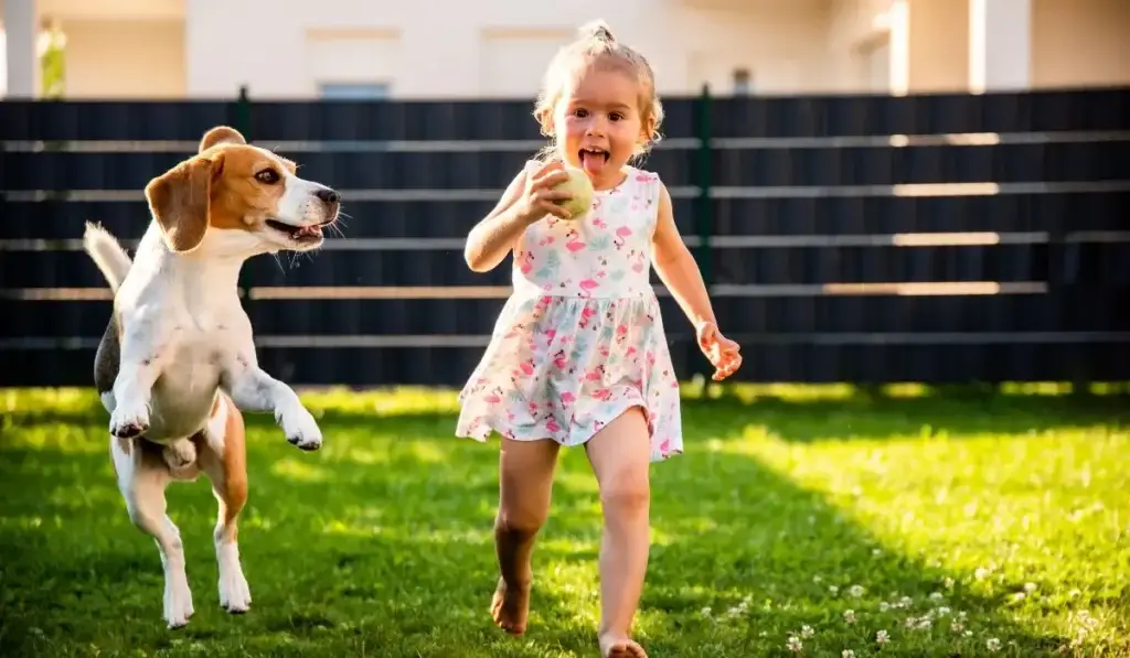 Child running with a dog in a backyard enclosed by the best fence material, highlighting safety and family-friendly fencing in a suburban setting.