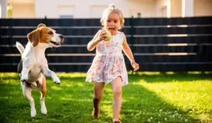Child running with a dog in a backyard enclosed by the best fence material, highlighting safety and family-friendly fencing in a suburban setting.