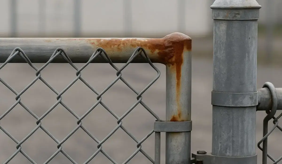 Close-up of a rusted chain link fence gate in Chicago showing corrosion and wear, indicating the need for a fencing upgrade.