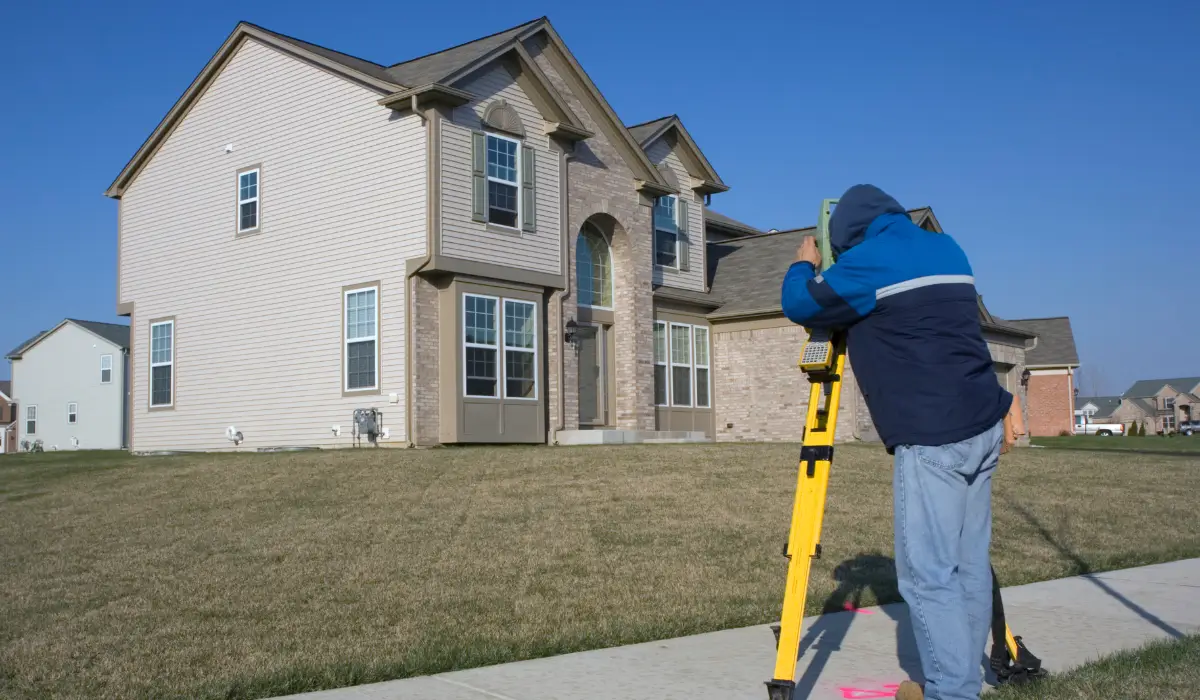 A land surveyor checks property boundaries to avoid fence disputes between neighbors, ensuring legal fence placement in a suburban Chicago neighborhood.