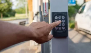 Person entering security code on smart gate keypad for access control fencing at modern Chicago property.
