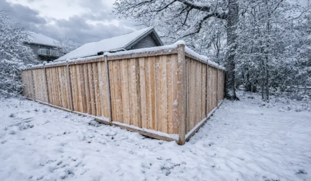 Wooden fence covered in snow during year-end fence inspection for winter damage in Chicago yard.