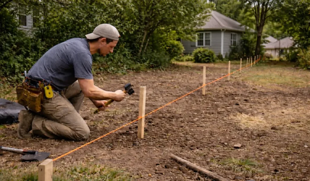 Fence upgrade preparation showing contractor hammering stakes with string line for precise yard boundary layout and planning.