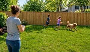 Child & Pet Safety Fencing protects children and pets playing safely inside a secure backyard