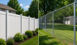 Vinyl vs. Chain Link Fencing comparison showing privacy, visibility, residential applications, durability, and maintenance differences.