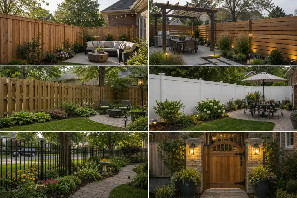 Comparison of popular fence styles for outdoor entertaining, including board-on-board wood, horizontal slat, shadowbox, vinyl privacy, ornamental metal, and a custom wood entry gate in landscaped residential backyards.