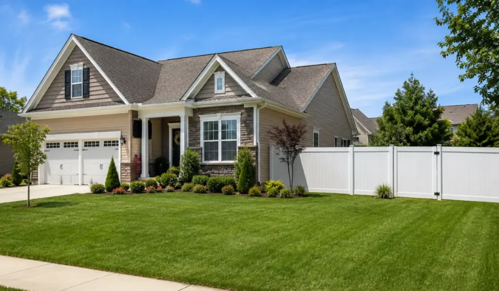 Fence Features include a white privacy fence and secure gate beside a landscaped, well-maintained suburban home.