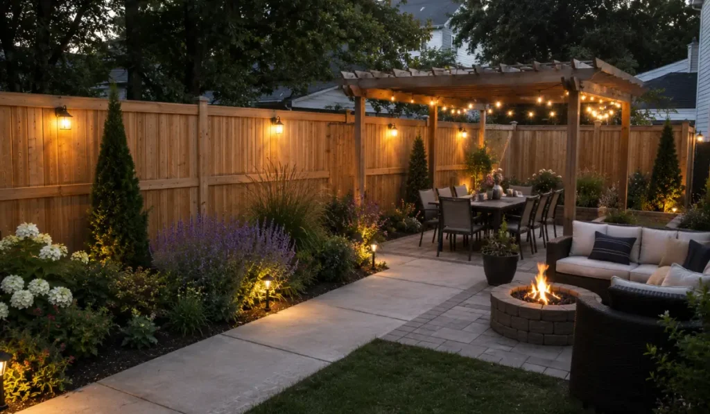 The outdoor privacy fence is shown with wood privacy fence, pergola, patio, landscaping, creating peaceful backyard retreats.