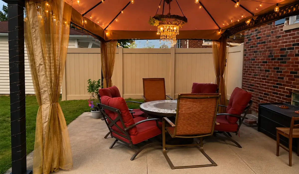 Outdoor entertaining patio with a gazebo, seating area, and vinyl privacy fence showcasing fence styles that add privacy and comfort to backyard gatherings.