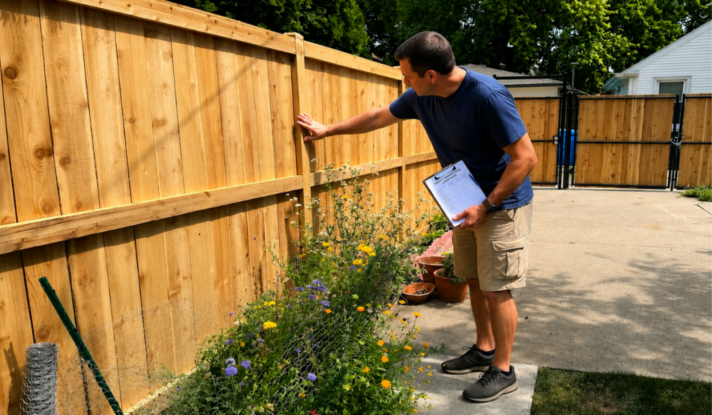 Homeowner inspecting a wooden privacy fence during a Mid-Summer Fence repair check, examining fence posts and panels for early signs of damage in a residential backyard.
