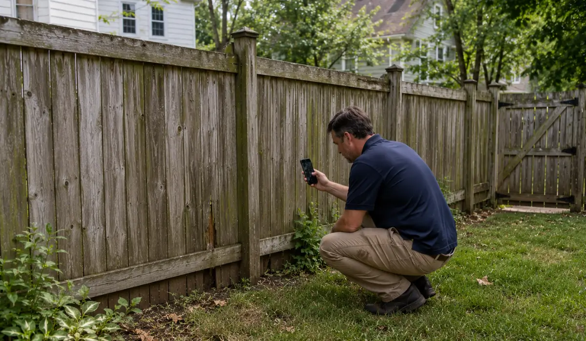 Fence professional inspecting weathered wood boards and posts for possible fence replacement before fall.