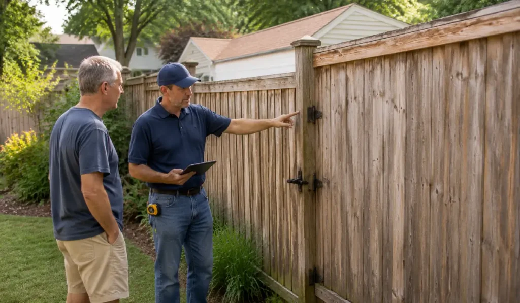 Fence contractor Chicago reviewing a residential fence condition with a homeowner before repair or replacement decisions