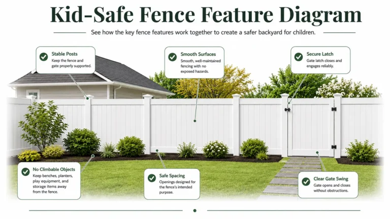 Diagram showing kid-safe fence features, including stable posts, safe spacing, smooth surfaces, a secure latch, clear gate swing, and no nearby climbable objects
