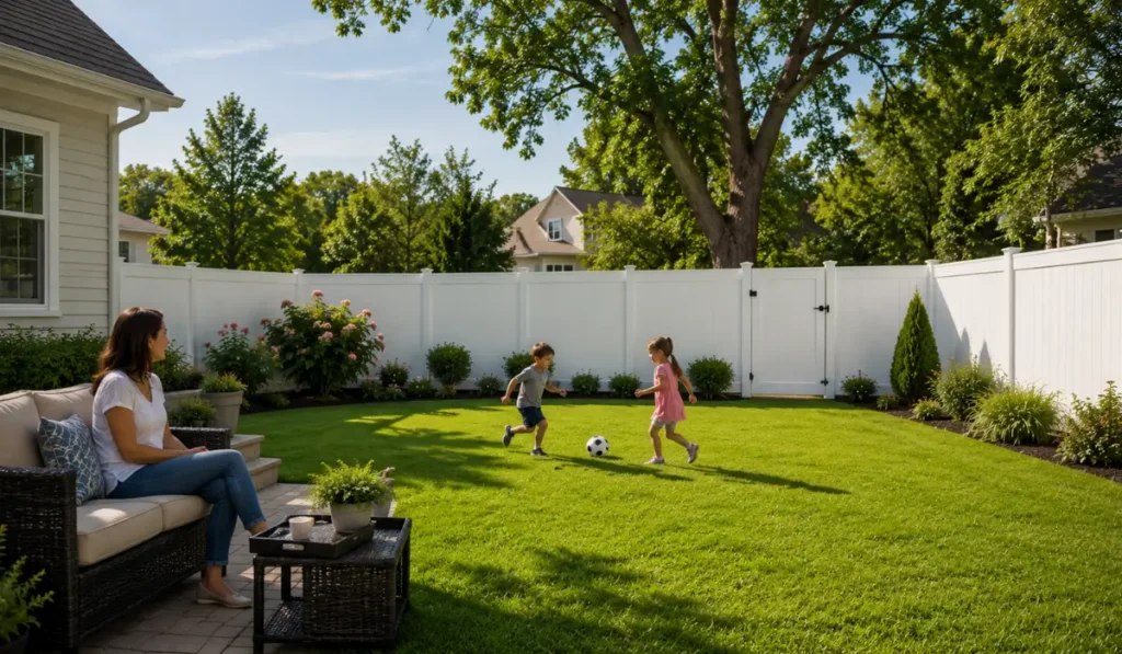 Parent supervising children playing inside a backyard with kid-safe fence features, including a secure white privacy fence and self-latching gate.