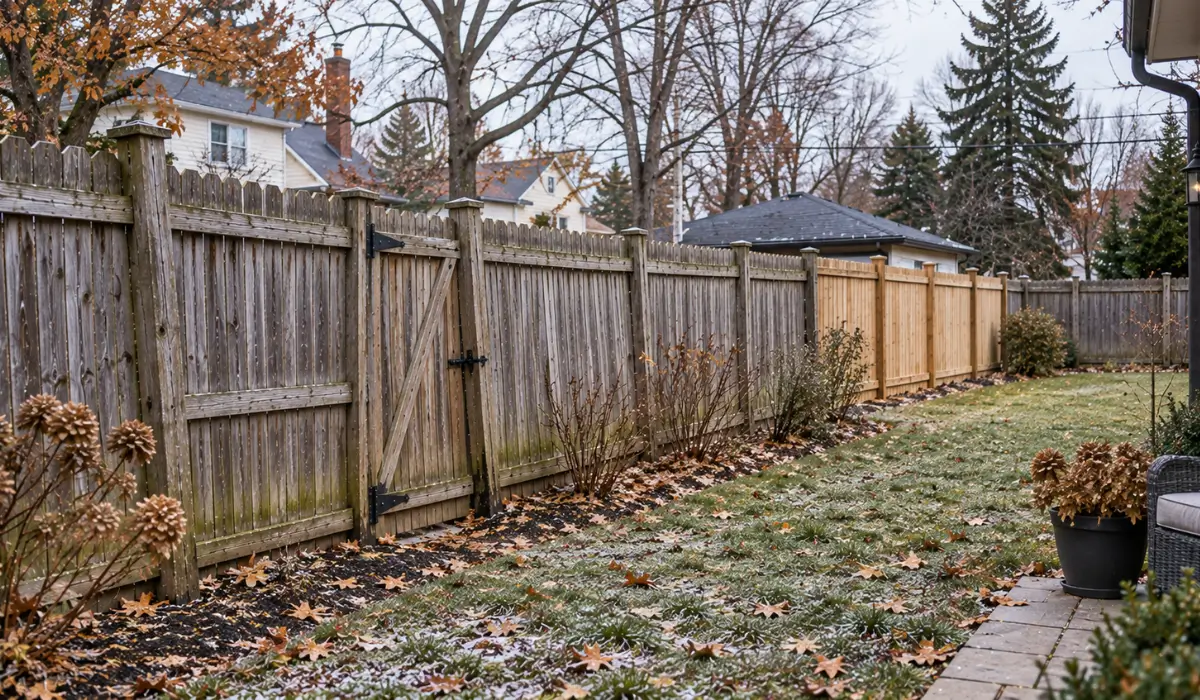 Weathered wood fence with a partially replaced section showing fence replacement before winter in a residential backyard